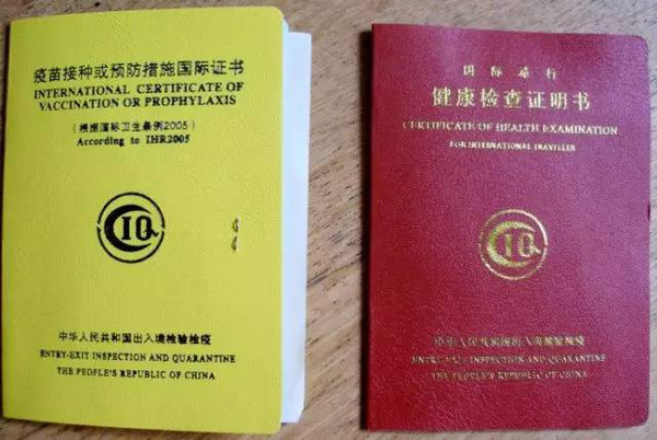 一个红色的小本子(健康检查证明书),一个黄色的小本子(疫苗接种证明书)